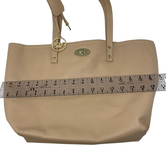 BCBG Paris Beige Pebbled Faux Leather Tote Bag Gold Turnlock & Padlock - Picture 9 of 9